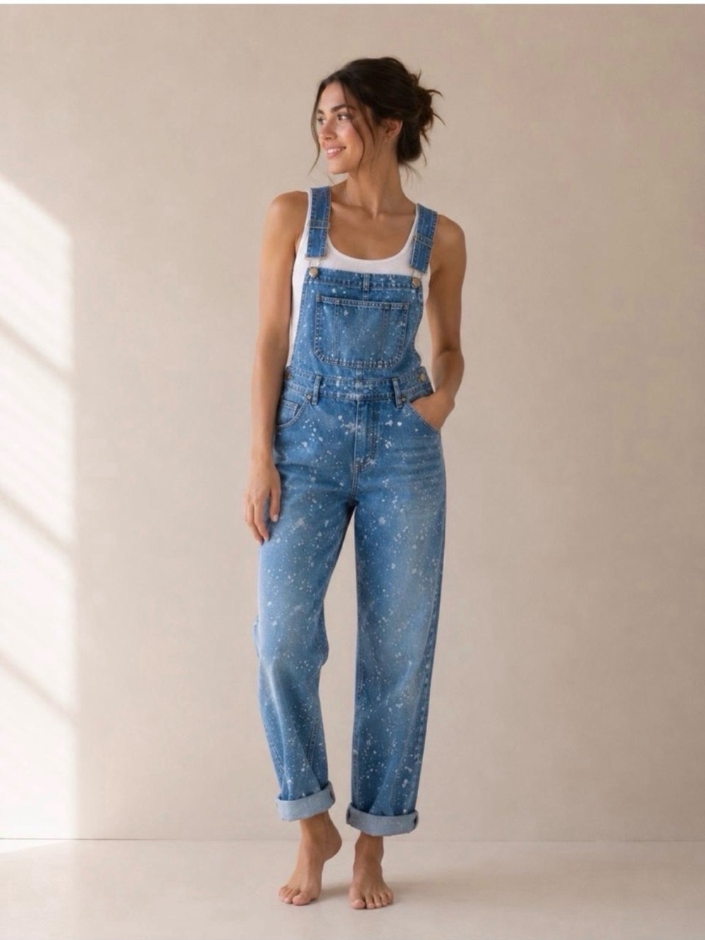 We the Free Blue Denim Paint-Splatter Overalls - Women Jeans